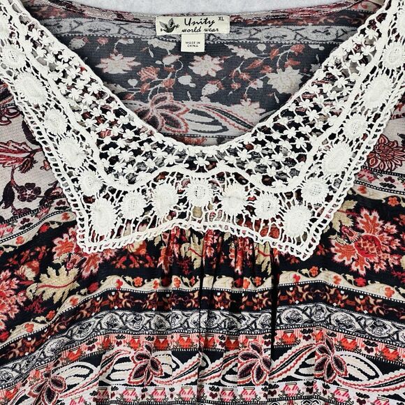 Unity World Wear Boho Top Womens XL Beige Crochet Neckline Flowy Cottagecore - Picture 5 of 15